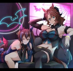 Rule 34 | 2girls, ;), animal ears, belt, black gloves, black shorts, black thighhighs, blue eyes, blue hair, blue shirt, bracelet, breasts, brown belt, brown hair, cleavage, closed mouth, commentary, couch, daitaku helios (devil in the moonlight) (umamusume), daitaku helios (umamusume), demon girl, demon horns, demon wings, ear covers, ear ornament, facial mark, fingerless gloves, fingernails, frown, fur armlet, gloves, green shirt, green wings, halterneck, hand on own head, head rest, highres, horns, horse ears, horse girl, horse tail, indoors, jewelry, leaning back, long hair, looking at viewer, low wings, luna (gkluna mas), lying, mejiro palmer (devil in the moonlight) (umamusume), mejiro palmer (umamusume), micro shorts, midriff, multicolored hair, multiple girls, nail polish, navel, neon lights, on couch, on person, on stomach, one eye closed, one side up, red belt, red wings, sharp fingernails, shirt, shorts, single glove, single thighhigh, sitting, sleeveless, sleeveless shirt, smile, streaked hair, symbol-only commentary, tail, thighhighs, umamusume, wings