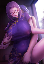 Rule 34 | 1boy, 1girl, blue hair, breasts, command spell, covered erect nipples, fate/type redline, fate (series), forehead, glasses, highres, huge breasts, implied sex, large breasts, major magatsu, major reiter, minami koyogi, mole, mole under mouth, purple eyes, purple hair, see-through, short hair