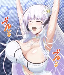 Rule 34 | 1girl, :d, ^ ^, armpits, arms up, azur lane, bare shoulders, blunt bangs, blush, bouncing breasts, breasts, center opening, cleavage, closed eyes, collarbone, commentary request, detached collar, dress, hair ornament, hair ribbon, headset, highres, idol, illustrious (azur lane), illustrious (muse) (azur lane), kumanosita, large breasts, long hair, mole, mole under eye, motion lines, navel, official alternate costume, open mouth, ribbon, shiny skin, sidelocks, smile, solo, sparkle, standing, sweat, taut clothes, taut dress, tress ribbon, upper body, very long hair, white dress, white hair, |d