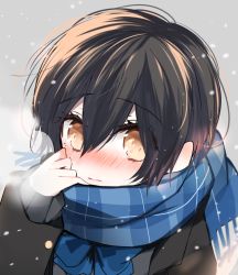 Rule 34 | 1girl, amesawa mokke, arm up, bad id, bad pixiv id, black hair, black jacket, blue bow, blue bowtie, blue scarf, blush, bow, bowtie, breath, brown eyes, closed mouth, grey background, hair between eyes, jacket, long sleeves, looking at viewer, nose blush, original, plaid, plaid scarf, scarf, short hair, snowing, solo