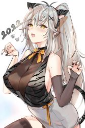 Rule 34 | 1girl, 2022, alracoco, animal ears, bare shoulders, blush, breasts, highres, large breasts, long hair, looking at viewer, open mouth, original, ponytail, silver hair, solo, tail, thighs, tiger ears, tiger stripes, tiger tail, yellow eyes
