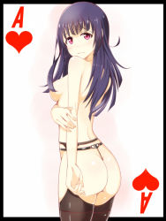 Rule 34 | 10s, 1girl, ace (playing card), ass, back, blue hair, blush, border, breasts, card, card (medium), chastity belt, convenient censoring, cowboy shot, embarrassed, female focus, from side, frown, garter belt, garter straps, hair censor, heart, holding own arm, kanzaki mitsuki, long hair, looking at viewer, looking back, medium breasts, nose blush, nude, pink eyes, playing card, purple eyes, purple hair, q (a72pgc), raised eyebrows, saikin imouto no yousuga chotto okashiindaga, solo, standing, thighhighs, thong, white background
