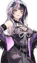Rule 34 | 1girl, absurdres, black hair, breasts, cleavage, dress, fur trim, grey hair, hair ornament, highres, hololive, hololive english, jacket, jellen aura, large breasts, long hair, looking at viewer, multicolored hair, shiori novella, shiori novella (1st costume), simple background, smile, solo, split-color hair, two-tone hair, upper body, virtual youtuber, white background, white hair, yellow eyes
