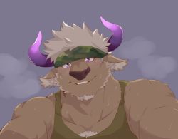 Rule 34 | 1boy, animal ears, animal nose, bara, blush, brown fur, camouflage, camouflage headwear, chest hair, commentary request, cow ears, cow horns, facial hair, furry, furry male, goatee, green tank top, headband, heavy breathing, highres, horns, male focus, minotaur, muscular, muscular male, parted lips, pinned, pov, purple background, purple eyes, purple horns, shennong (housamo), shirotoki (qdng0atngbaqmce), smile, snout, solo, steam, sweat, tank top, tokyo houkago summoners, upper body, white hair