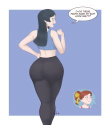 Rule 34 | 10s, 2girls, artist name, ass, barbara parker, black hair, blue eyes, blush, curvy, from behind, green eyes, hannah england, hip focus, huge ass, legs, little witch academia, long hair, looking back, multiple girls, open mouth, pants, standing, sweat, thick thighs, thighs, thotticus-slayer, wide hips, yoga pants