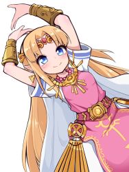 Rule 34 | 1girl, arms up, belt, blonde hair, blue eyes, bracer, breasts, cape, circlet, closed mouth, cowboy shot, dress, dutch angle, earrings, highres, jewelry, long hair, looking at viewer, morino donguri, necklace, nintendo, parted bangs, pearl necklace, pointy ears, princess zelda, short sleeves, sidelocks, simple background, small breasts, smile, solo, straight hair, super smash bros., tabard, the legend of zelda, the legend of zelda: a link between worlds, triforce, very long hair, white background, white cape, white dress