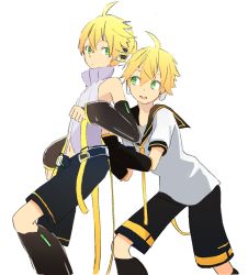 Rule 34 | 2boys, arm warmers, bare shoulders, behind another, belt, black collar, black shorts, black sleeves, blonde hair, collar, d futagosaikyou, detached sleeves, dual persona, feet out of frame, from side, hands on another&#039;s back, headphones, high collar, highres, kagamine len, kagamine len (append), leaning forward, leg warmers, looking at another, male focus, multiple boys, navel, neckerchief, necktie, open mouth, sailor collar, school uniform, shirt, short ponytail, short sleeves, shorts, sleeveless, sleeveless shirt, smile, spiked hair, standing, vocaloid, vocaloid append, white shirt