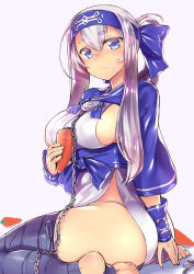 Rule 34 | 10s, 1girl, absurdres, ainu clothes, black legwear, blue eyes, breasts, carrot, chain, folded ponytail, hair between eyes, headband, highres, kamoi (kancolle), kantai collection, large breasts, long hair, long sleeves, purple background, silver hair, simple background, smile, solo, tiha, toes