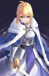 Rule 34 | absurdres, ahoge, armor, armored dress, artoria pendragon (all), artoria pendragon (fate), black background, blonde hair, braid, capelet, cloak, dark background, excalibur (fate/stay night), fate/grand order, fate/stay night, fate (series), green eyes, hair between eyes, highres, holding, holding sword, holding weapon, looking at viewer, saber (fate), simple background, solo, standing, sword, tsurupy, weapon