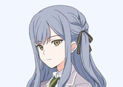 Rule 34 | 1girl, bang dream!, bang dream! it&#039;s mygo!!!!!, black ribbon, blue background, blue hair, closed mouth, collared shirt, commentary request, expressionless, green necktie, grey jacket, hair ribbon, highres, jacket, long hair, necktie, nogreen, portrait, ribbon, shirt, simple background, solo, togawa sakiko, two side up, white shirt, yellow eyes