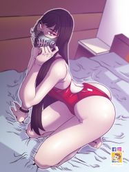 Rule 34 | 1girl, all fours, artist request, asian, ass, ass press, barefoot, bed, black hair, breasts, curvy, highleg, highleg swimsuit, highres, huge ass, japanese (nationality), looking at viewer, mask, model, one-piece swimsuit, parody, red one-piece swimsuit, ririkana, shiny skin, small breasts, swimsuit