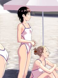 Rule 34 | 3girls, :d, ass, bad drawr id, bad id, bare shoulders, beach umbrella, black hair, breasts, brown hair, cheekbones, cleavage, closed mouth, collarbone, commentary request, competition school swimsuit, eyelashes, folded ponytail, francine (daijaemon), highleg, light smile, looking afar, looking ahead, looking to the side, multiple girls, oekaki, one-piece swimsuit, open mouth, original, outdoors, school swimsuit, shiny skin, short hair, sitting, small breasts, smile, spaghetti strap, standing, swimsuit, tareme, teeth, umbrella, upper teeth only, white one-piece swimsuit