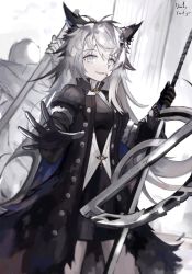 Rule 34 | 1girl, animal ears, arknights, artist name, black coat, black dress, black gloves, blood, blood on face, breasts, chain, coat, cowboy shot, dress, genieko, gloves, hair between eyes, hair ornament, hairclip, holding, holding sword, holding weapon, jacket, jewelry, lappland (arknights), lappland (refined horrormare) (arknights), long hair, looking at viewer, necklace, official alternate costume, open mouth, reaching, reaching towards viewer, scar, scar across eye, scar on face, short dress, silver hair, small breasts, smile, solo, standing, sword, weapon, white jacket, wolf ears, wolf girl