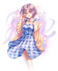 Rule 34 | 1girl, bare legs, bare shoulders, blue dress, collarbone, dress, fate/grand order, fate (series), glasses, hand on own cheek, hand on own face, jacket, looking at viewer, mash kyrielight, mash kyrielight (senpai killer outfit), off shoulder, official alternate costume, open mouth, parnasso, plaid, plaid dress, purple eyes, purple hair, short hair, simple background, skirt hold, smile, solo, white background, yellow jacket