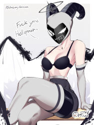 Rule 34 | 1girl, angel, angel wings, arm support, black bra, black halo, boots, bra, breasts, cleavage, crossed legs, elbow gloves, english text, gloves, halo, hazbin hotel, high-waist pants, highres, horned mask, horns, looking at viewer, lute (hazbin hotel), mask, orouu, paid reward available, pants, profanity, sitting, solo, thigh boots, thighhighs, underwear, wings