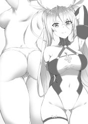 Rule 34 | &gt;:), 1girl, arm behind head, ass, back, bad id, bad pixiv id, bare back, bradamante (fate), bradamante (first ascension) (fate), braid, breasts, cleavage, covered navel, cowboy shot, crown braid, dantes ward, elbow gloves, fate/grand order, fate (series), from behind, gloves, gluteal fold, greyscale, hair between eyes, halterneck, highleg, highleg leotard, highres, large breasts, leotard, long hair, looking at viewer, monochrome, multiple views, panties, pussy, sideboob, smile, thigh gap, thighhighs, thong, topless, twintails, underwear, very long hair
