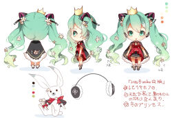 Rule 34 | :o, aqua eyes, aqua hair, arrow (symbol), black cape, black skirt, cape, character sheet, chibi, color guide, commentary, crown, earmuffs, floral print, flower, full body, fur-trimmed cape, fur trim, gradient hair, hair flower, hair ornament, hatsune miku, kimey, long hair, multicolored hair, multiple views, open mouth, partially translated, rabbit yukine, red ribbon, red shirt, ribbon, shirt, skirt, snowflake print, snowflakes, standing, translation request, twintails, very long hair, vocaloid, white background, white flower, yuki miku, yuki miku (2015) (applicant)