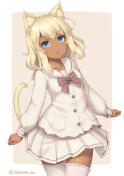 Rule 34 | 1girl, animal ear fluff, animal ears, aqua eyes, blazer, blonde hair, blouse, border, bow, bowtie, breasts, brown bow, brown bowtie, buttons, cat ears, cat girl, cat tail, chestnut mouth, cowboy shot, cuff links, dark-skinned female, dark skin, frilled thighhighs, frills, jacket, long sleeves, looking at viewer, medium hair, mid-stride, miniskirt, original, outside border, outstretched wrists, pale color, pink background, pleated skirt, pocket, sailor collar, sasaame, school uniform, serafuku, shirt, simple background, single horizontal stripe, skirt, sleeve cuffs, small breasts, solo, standing, tail, tail raised, thighhighs, twitter username, white border, white jacket, white sailor collar, white serafuku, white shirt, white skirt, white thighhighs
