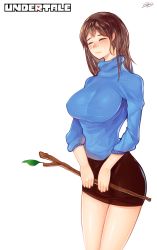 Rule 34 | 1girl, 3gs, aged up, bad id, bad pixiv id, breasts, brown hair, closed eyes, female frisk (undertale), frisk (undertale), highres, large breasts, long hair, pencil skirt, skirt, solo, stick, sweater, undertale, white background