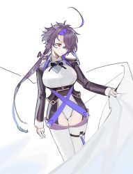 Rule 34 | 1girl, ;/, ahoge, azur lane, breasts, collared shirt, cross, foch (azur lane), formal, hair between eyes, highres, holding, large breasts, leotard, long hair, long sleeves, looking to the side, multicolored hair, ohisashiburi, original, purple eyes, red eyes, shirt, simple background, solo, standing, suit, thighhighs, v, white background