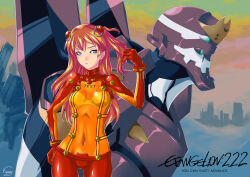 Rule 34 | 1girl, blue eyes, bodysuit, breasts, brown hair, curvy, eva 02, evangelion: 2.0 you can (not) advance, expressionless, hair ornament, hand in own hair, hand on own hip, interface headset, kinary, lips, long hair, looking at viewer, medium breasts, neon genesis evangelion, plugsuit, rebuild of evangelion, red bodysuit, robot, see-through, see-through bodysuit, shiny clothes, simple background, solo, souryuu asuka langley, standing, test plugsuit, title, very long hair, wide hips