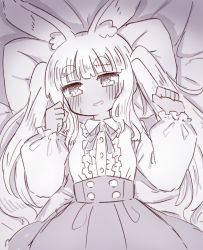 Rule 34 | 1girl, animal ear fluff, animal ears, bed sheet, blush, bow, center frills, collared shirt, commentary request, etrian odyssey, frills, greyscale, hands up, heart, heart-shaped pupils, highres, long hair, long sleeves, looking at viewer, lying, masurao (sekaiju), monochrome, naga u, nervous smile, on back, pillow, pleated skirt, puffy long sleeves, puffy sleeves, rabbit ears, sekaiju no meikyuu, sekaiju no meikyuu 5, shirt, short eyebrows, skirt, sleeves past wrists, smile, solo, sweat, symbol-shaped pupils, tan, thick eyebrows, twintails, very long hair
