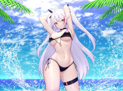 Rule 34 | 1girl, alternate costume, arm support, arm under breasts, arm up, armpits, arms up, azur lane, barefoot, bikini, bikini tug, black bikini, black choker, blurry, blurry background, blush, breasts, brown eyes, cameltoe, choker, cleavage, closed mouth, collarbone, covered erect nipples, cowboy shot, cross, cross earrings, curvy, day, earrings, eyes visible through hair, flag print, german flag bikini, groin, hair between eyes, head tilt, jewelry, large breasts, light particles, long hair, looking at viewer, mole, mole on breast, multi-strapped bikini bottom, multi-strapped bikini top, multicolored hair, navel, ocean, outdoors, palm leaf, prinz eugen (azur lane), prinz eugen (unfading smile) (azur lane), red hair, side-tie bikini bottom, silver hair, siun, skindentation, solo, sparkle, splashing, stomach, streaked hair, swimsuit, thick thighs, thigh strap, thighs, two side up, very long hair
