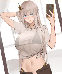 Rule 34 | 1girl, arm behind head, black bra, blue eyes, blush, bra, braid, breasts, cellphone, closed mouth, french braid, holding, holding phone, large breasts, lexington (warship girls r), lips, long hair, looking at viewer, navel, phone, platinum blonde hair, resolution mismatch, rifu (643763873), shirt, simple background, smartphone, solo, source larger, standing, underwear, warship girls r, white shirt