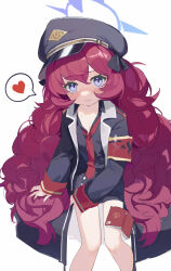 Rule 34 | 1girl, absurdres, armband, black hat, black shirt, blue archive, blush, book, collarbone, collared shirt, commentary, feet out of frame, hair ribbon, halo, hat, heart, highres, iroha (blue archive), jacket, long hair, looking at viewer, loose clothes, loose necktie, measho, military, military hat, military jacket, military uniform, necktie, parted lips, peaked cap, purple eyes, red hair, red necktie, ribbon, safety pin, shirt, simple background, solo, speech bubble, spoken heart, uniform, very long hair, wavy hair, white background