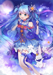 Rule 34 | 1girl, :3, absurdres, animal, black gloves, blue bow, blue eyes, blue hair, blue nails, blush, bow, fingerless gloves, gloves, hair bow, hatsune miku, highres, holding, holding wand, long hair, looking at viewer, moffle (2019), nail polish, open mouth, rabbit, smile, snowflakes, solo, star (sky), star (symbol), teeth, twintails, vocaloid, wand, yuki miku