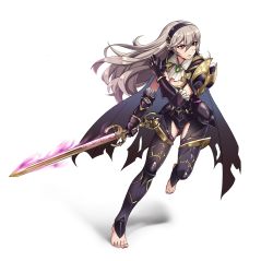 Rule 34 | 1girl, armor, barefoot, black armor, blonde hair, breasts, cape, cleavage, cloak, corrin (female) (fire emblem), corrin (female) (nohr noble) (fire emblem), corrin (fire emblem), crotch, facing to the side, feet, fire emblem, fire emblem fates, fire emblem heroes, gloves, grey hair, headband, highres, long hair, medium breasts, namu (112namu), nintendo, official alternate costume, red eyes, shoulder pads, simple background, slit pupils, solo, sword, thighs, torn cape, torn clothes, weapon, yato (fire emblem)