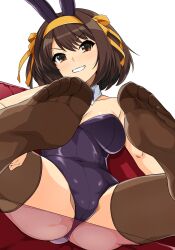 Rule 34 | 1girl, absurdres, animal ears, ass, black leotard, black thighhighs, bow, bowtie, breasts, brown eyes, brown hair, covered navel, detached collar, fake animal ears, feet, grin, haruhisky, highres, large breasts, leotard, looking at viewer, official alternate costume, playboy bunny, rabbit ears, ribbon, sitting, smile, soles, solo, spread legs, strapless, strapless leotard, suzumiya haruhi, suzumiya haruhi no yuuutsu, teeth, thighhighs, thighs, wrist cuffs, yellow ribbon
