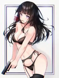 Rule 34 | 1girl, atychi, bare shoulders, black bra, black garter belt, black hair, black panties, black thighhighs, bra, breasts, cleavage, collarbone, flower, flower in mouth, garter belt, glock, gun, handgun, highres, holding, holding gun, holding weapon, inoue takina, lace, lace-trimmed bra, lace trim, looking at viewer, lycoris recoil, medium breasts, mouth hold, navel, panties, purple eyes, solo, spider lily, stomach, strap slip, tattoo, thighhighs, thighs, underwear, wavy hair, weapon