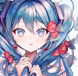 Rule 34 | 1girl, bare shoulders, blue eyes, blue hair, blue nails, collared shirt, commentary request, earrings, flower, grey shirt, hair between eyes, hair flower, hair ornament, hands in hair, hatsune miku, heart, heart-shaped pupils, heart earrings, highres, holding own hair, jewelry, leaf, light blush, long hair, looking at viewer, parted lips, pipi, red flower, shirt, sleeveless, sleeveless shirt, solo, symbol-shaped pupils, twintails, upper body, very long hair, vocaloid