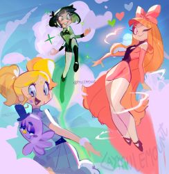 Rule 34 | 3girls, ;), absurdres, backpack, bag, black hair, blonde hair, blossom (ppg), blue eyes, breasts, bubbles (ppg), buttercup (ppg), cloud, cloudy sky, colored inner hair, commentary, dress, earrings, flat chest, flying, green eyes, green hair, highres, jewelry, long eyelashes, long hair, mulemount, multicolored hair, multiple girls, narrow waist, off-shoulder dress, off shoulder, one eye closed, orange hair, pantyhose, pink dress, powerpuff girls, scrunchie, short twintails, siblings, sisters, sky, small breasts, smile, symbol-only commentary, twintails, two-tone hair, very long hair, wrist scrunchie