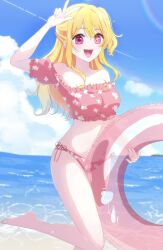 1girl arm_up barefoot beach bikini blonde_hair blush feet hair_between_eyes highres holding holding_swim_ring hoshino_ruby innertube long_hair looking_at_viewer midriff navel ocean open_mouth oshi_no_ko pink_bikini pink_eyes smile solo star-shaped_pupils star_(symbol) stomach swim_ring swimsuit symbol-shaped_pupils toes v v_over_head watano_yuki