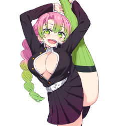 Rule 34 | 1girl, arms up, belt, black jacket, black skirt, braid, breasts, chan co, collared shirt, green eyes, green hair, green thighhighs, hair between eyes, highres, jacket, kanroji mitsuri, kimetsu no yaiba, large breasts, long hair, long sleeves, looking at viewer, miniskirt, mole, mole under eye, no bra, open clothes, open jacket, open mouth, open shirt, pink hair, pleated skirt, round teeth, shirt, simple background, skirt, smile, solo, split, standing, standing on one leg, standing split, teeth, thighhighs, thighs, upper teeth only, white background, white belt, white shirt