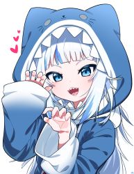 Rule 34 | 1girl, :d, animal ears, animal hood, blue eyes, blue hair, blue hoodie, cat ears, cat hood, claw pose, commentary, fake animal ears, gawr gura, hands up, heart, highres, hololive, hololive english, hood, hood up, hoodie, long hair, long sleeves, looking at viewer, multicolored hair, open mouth, silver hair, simple background, sleeves past wrists, smile, solo, streaked hair, tosyeo, upper body, virtual youtuber, white background