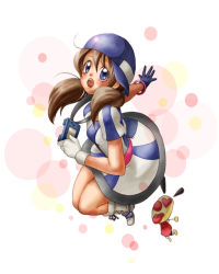 Rule 34 | 1girl, :d, ai (snk), beret, blue eyes, brown hair, dress, gloves, hat, highres, looking at viewer, looking back, neo geo battle coliseum, open mouth, outstretched arm, puffy short sleeves, puffy sleeves, short sleeves, sidelocks, smile, snk, solo, striped, vertical stripes, white dress, white gloves