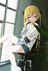 Rule 34 | 1girl, absurdres, bad id, bad twitter id, blonde hair, blue shorts, closed mouth, gishiki (gshk), highres, kill me baby, layered sleeves, long hair, long sleeves, looking at viewer, plant, potted plant, purple eyes, shirt, shoes, short over long sleeves, short sleeves, shorts, sitting, solo, sonya (kill me baby), stool, striped clothes, striped shirt, twintails, white footwear, white shirt, window