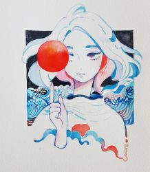 Rule 34 | 1girl, ahoge, cropped torso, highres, index finger raised, maruti bitamin, medium hair, one eye covered, original, parted lips, red circle, red eyes, solo, upper body, water, waves, white hair