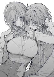 1boy 1girl biting blade_(honkai:_star_rail) blush breasts chest_harness coat collared_shirt eyewear_on_head greyscale harness hetero high-waist_shorts highres honkai:_star_rail honkai_(series) kafka_(honkai:_star_rail) kimo0ta9 large_breasts long_hair looking_down monochrome neck_biting shirt shorts sidelocks simple_background sunglasses sweat upper_body very_long_hair