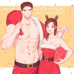 Rule 34 | 1boy, 1girl, abs, absurdres, bare pectorals, beard, breasts, brother and sister, brown hair, chris redfield, christmas, claire redfield, cleavage, cowboy shot, facial hair, fur-trimmed jacket, fur trim, highres, hirusuhi, jacket, large pectorals, long hair, mature male, merry christmas, muscular, muscular male, navel, nipples, one eye closed, open clothes, open jacket, pectorals, red jacket, resident evil, short hair, siblings, sideburns, small head, smile, stomach