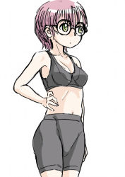 Rule 34 | 1girl, bike shorts, bra, breasts, chrono trigger, closed mouth, commentary request, glasses, green eyes, groin, lucca ashtear, midriff, navel, purple hair, s-a-murai, short hair, simple background, solo, underwear, white background