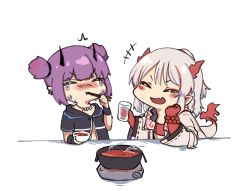 Rule 34 | 2girls, arknights, bandeau, bead bracelet, beads, black shirt, blush, blush stickers, bowl, bracelet, chibi, chinese commentary, chopsticks, closed eyes, crying, cup, demon horns, dragon girl, dragon horns, dragon tail, eating, fang, flame-tipped tail, glass, holding, holding bowl, holding chopsticks, holding cup, horns, hotpot, jacket, jewelry, lava (arknights), mabing, multicolored hair, multiple girls, necklace, nian (arknights), open mouth, pointy ears, ponytail, red bandeau, red hair, shirt, short hair, short twintails, simple background, skin fang, spicy, streaked hair, tail, tooth necklace, twintails, upper body, v-shaped eyebrows, white background, white hair, white jacket