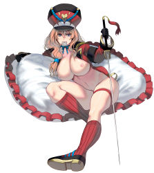 Rule 34 | 1girl, artistic error, blue eyes, bottomless, breasts, condom, full body, gloves, hat, highres, huge breasts, jacket, kouno (masao), large breasts, long hair, looking at viewer, military, military hat, military jacket, nipples, open clothes, open jacket, orange hair, original, simple background, sitting, socks, solo, stomach, striped clothes, striped socks, sword, thigh strap, thighs, vertical-striped clothes, vertical-striped socks, weapon, white background