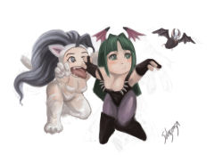 Rule 34 | 2girls, animal ears, animal hands, bare shoulders, bat (animal), big hair, blue eyes, blue hair, blush stickers, boots, breasts, capcom, cat ears, cat tail, chasing, chibi, cleavage, demon girl, elbow gloves, fangs, felicia (vampire), fingerless gloves, gloves, green eyes, green hair, hairband, head wings, long hair, morrigan aensland, multiple girls, open mouth, pantyhose, solusemsu, tail, tongue, tongue out, vampire (game), wings