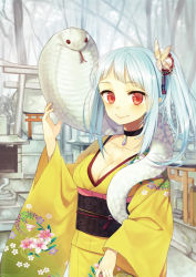 Rule 34 | 10s, 1girl, 2013, blue hair, breasts, butterfly hair ornament, chinese zodiac, choker, cleavage, collarbone, floral print, hair ornament, japanese clothes, kimono, long hair, looking at viewer, medium breasts, midorikawa you, multiple torii, new year, obi, original, ponytail, red eyes, sash, shrine, smile, snake, snake (chinese zodiac), solo, torii