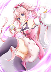 Rule 34 | 1girl, armpits, arms up, bare shoulders, beret, breast cutout, breasts, cleavage, cleavage cutout, closed mouth, clothing cutout, detached sleeves, hair between eyes, hair ornament, hat, heart cutout, highres, large breasts, leg up, long hair, looking at viewer, mittens, pink hair, pink hat, princess connect!, purple eyes, smile, solo, split mouth, standing, takemura kou, thighs, tsumugi (princess connect!), twintails, white mittens