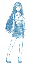 Rule 34 | 1girl, bbb (friskuser), blue theme, closed mouth, commentary, dress shirt, frown, full body, girls und panzer, half-closed eyes, high heels, highres, long hair, long sleeves, looking at viewer, mature female, miniskirt, monochrome, nishizumi shiho, pencil skirt, shirt, skirt, solo, standing, straight hair